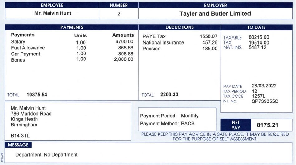 Actual paper copy of a UK Payslip.