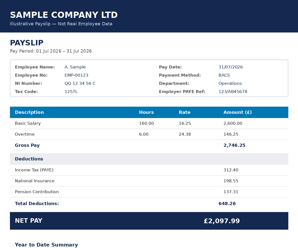 Lost Payslips sample - illustrative UK payslip showing gross pay, deductions, and net pay