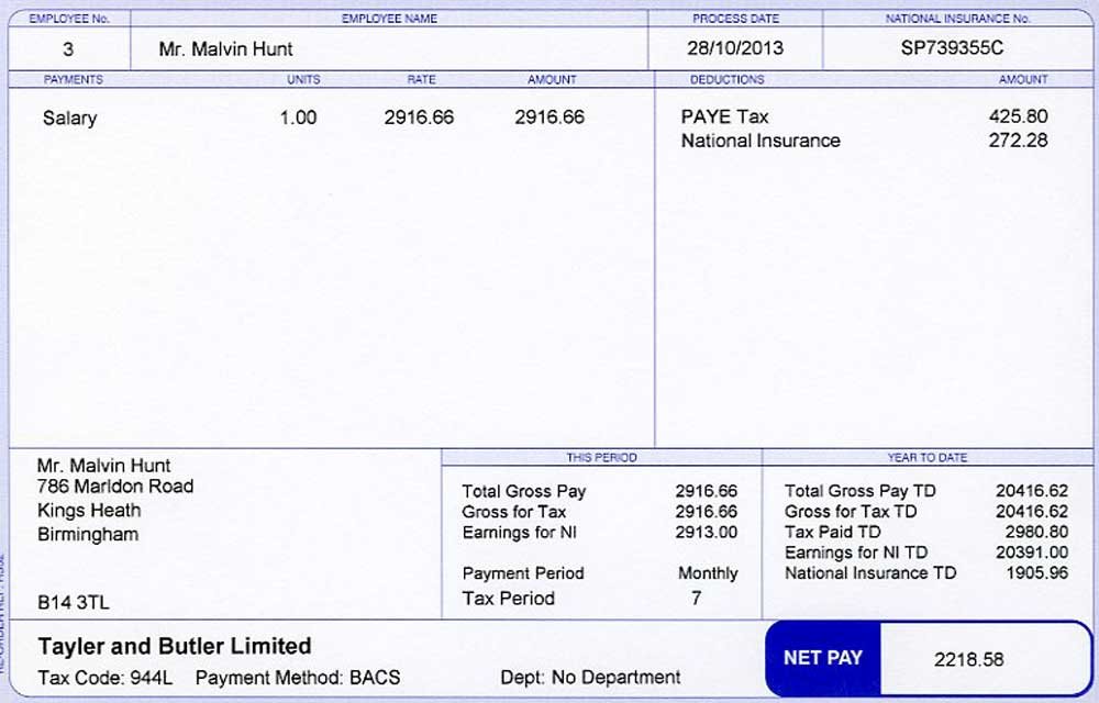 Actual paper copies of UK Payslips.