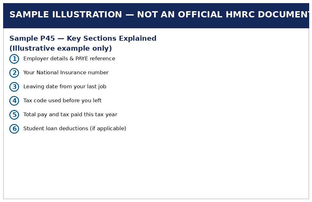 Illustrative diagram annotating the six key sections of a P45 form: employer details, National Insurance number, leaving date, tax code, total pay and tax, and student loan deductions