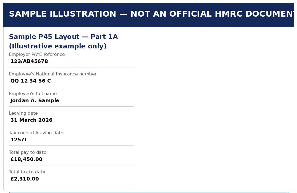 Sample illustrative P45 form layout showing employer PAYE reference, National Insurance number, leaving date, tax code, and total pay and tax figures